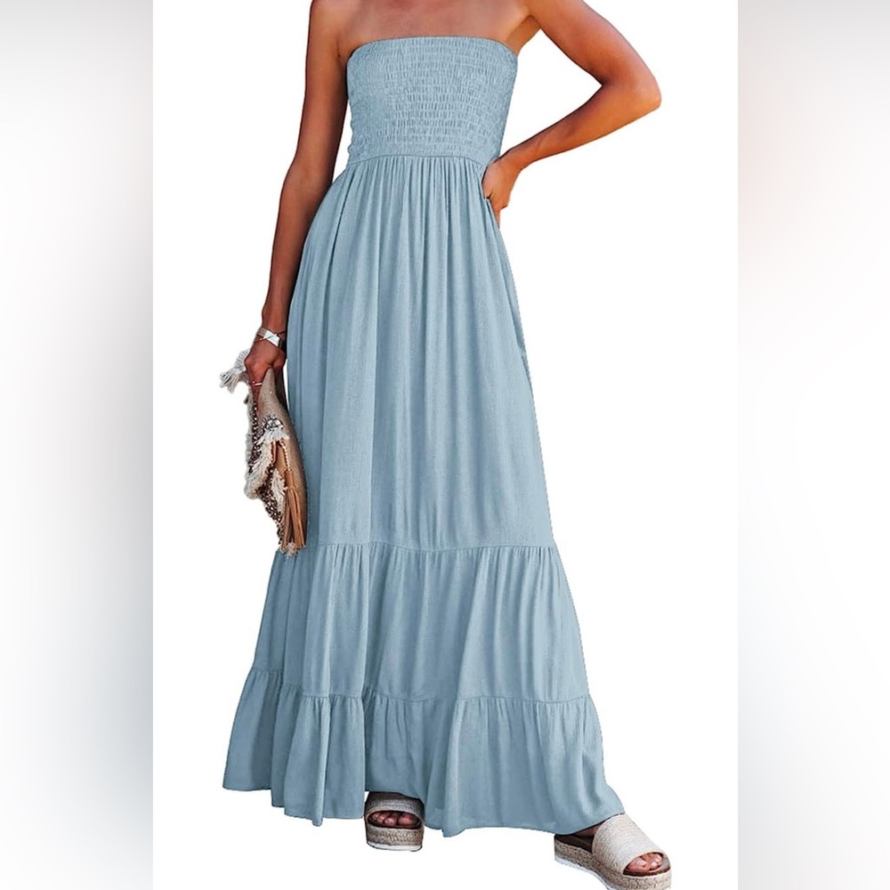 Blue Boho Smocked Strapless Maxi Dress- Fully Lined